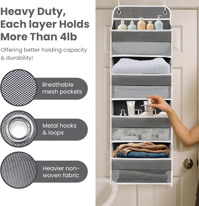 Ease of Assembly Over The Door Organizer,4 Shelves & 4 Side Pockets,Anti Tilt Hanging Behind Door Storage, Heavy-Duty Reinforced Mesh Rack Holds 44lb for Bathroom,Pantry, Nursery,Closet, Shoes, Towels