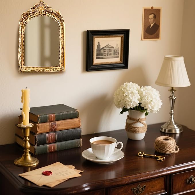 YUSONG Vintage Makeup Mirror for Tabletop - 8" Antique Gold Arched Desk Mirrors with Resin Frame Vanity Table Mirror for Bedroom Living Room Retro Decor