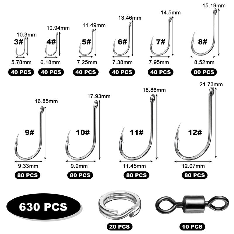 Realure 630 Pcs/10 Sizes Barbed Fishing Hooks with Fishing Split Rings & Rolling Fishing Swivels Set Carbon Steel Eyed Sea Circle Fish Hooks 12# 11# 10# 9# 8# 7# 6# 5# 4# 3# for Carp Tackle
