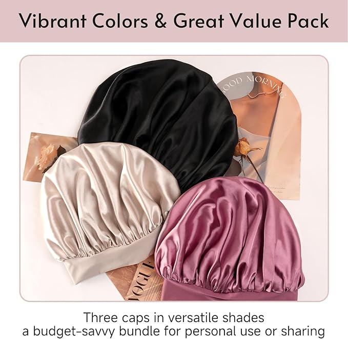 Yanideer 3 pcs Adjustable Satin Bonnets for Sleeping Double Layer Satin Lined Hair Bonnet with Tie Band for Women Curly Hair
