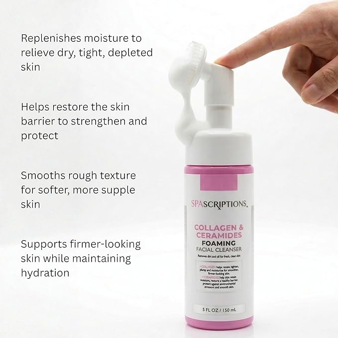 SpaScriptions 2 in 1 Cleanse & Exfoliate Foaming Facial Cleanser - Collagen & Ceramides Face Wash with Silicone Brush for Dryness with Skin Barrier Support with Peptides for Daily Cleansing, 5 oz