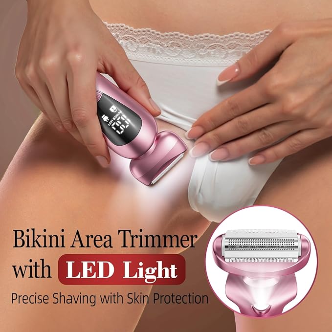 Cordless Electric Razors for Women: Rechargeable Painless Bikini Trimmer for Body Hair - IPX7 Waterproof Shaver with LED Display for Face/Underarm/Leg Soft Pink