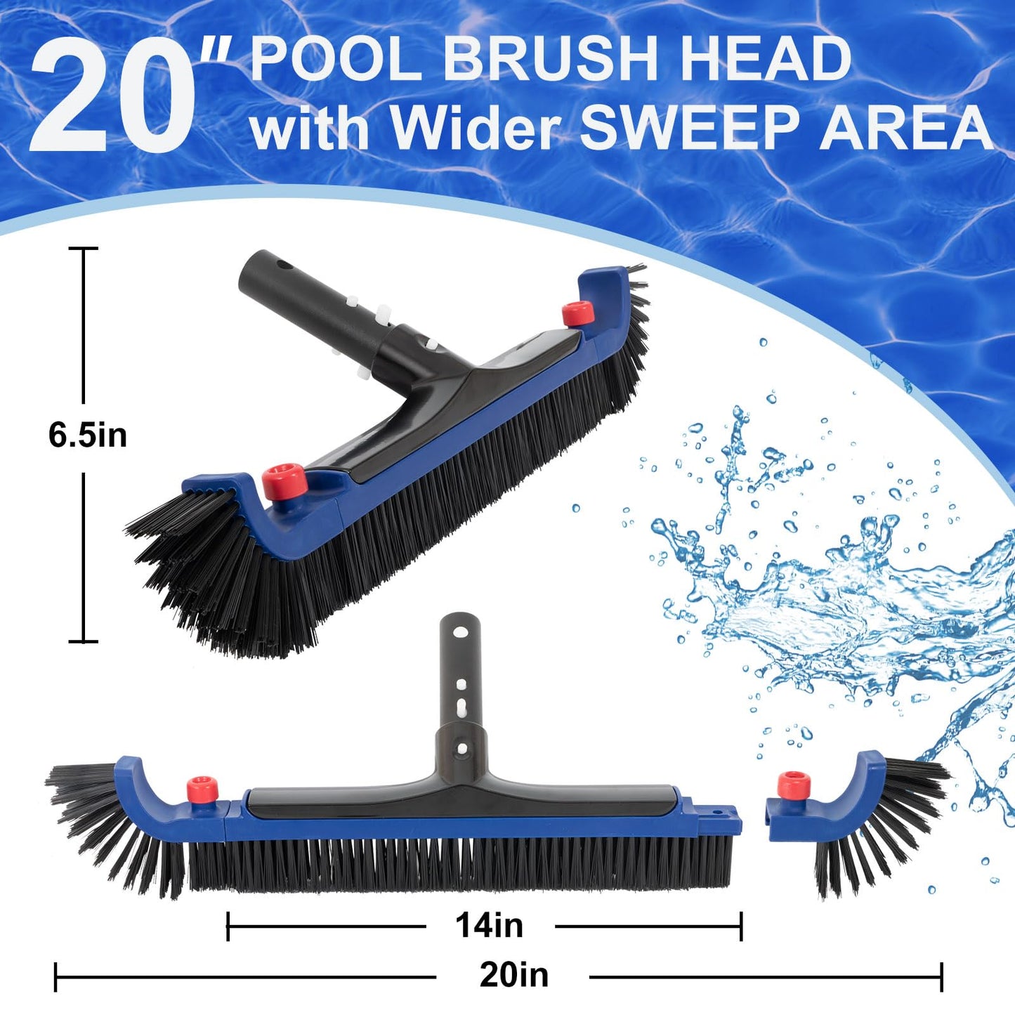 POOLAZA 20'' Pool Brush, Curved Ends Pool Brush Head for Inground Pools with BPT Bristles & EZ Clip, Premium Pool Brushes for Cleaning Pool Walls & Floors, Heavy Duty High-Efficiency Pool Scrub Brush