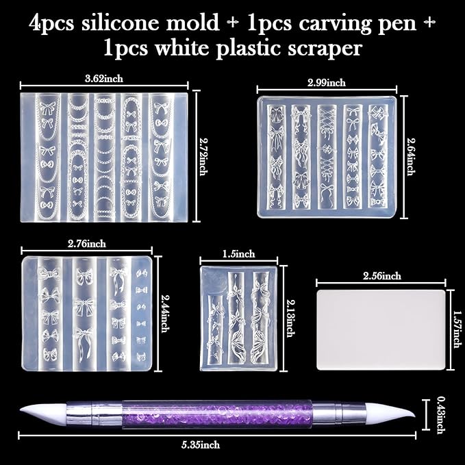 Laza 4pcs Bowknot Silicone Nail Art Molds, 3D Multiple Shapes Ribbon Lace Bows Charms Silicone Nail Accessories with Carving Pen Resin Nail Art Mold Manicure Tools for Women DIY Manicure Design