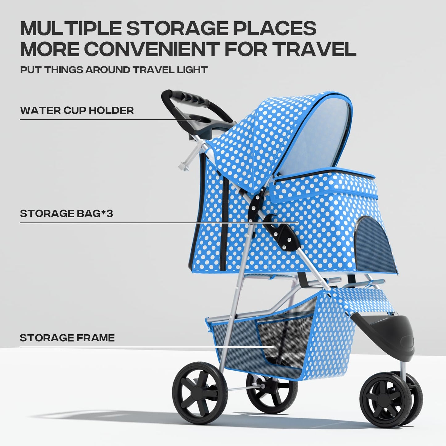 Pet Stroller for Small Dogs 10 lbs, Dog Stroller for Medium Dogs 30 lbs, Cat Strollers for 2 Cats, 3 Wheels Foldable Jogger Puppy Stroller with Storage Basket and Cup Holder, Blue Polka Dots
