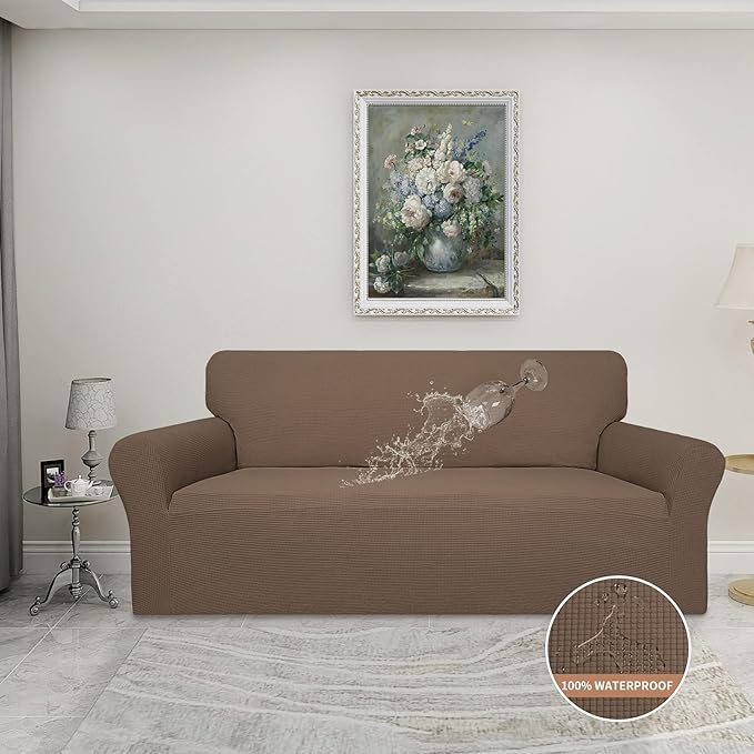 Easy-Going 100% Waterproof Couch Cover, Dual Waterproof Sofa Cover, Stretch Jacquard Sofa Slipcover, Leakproof Furniture Protector for Kids, Pets, Dog and Cat (Oversized Sofa, Brown)