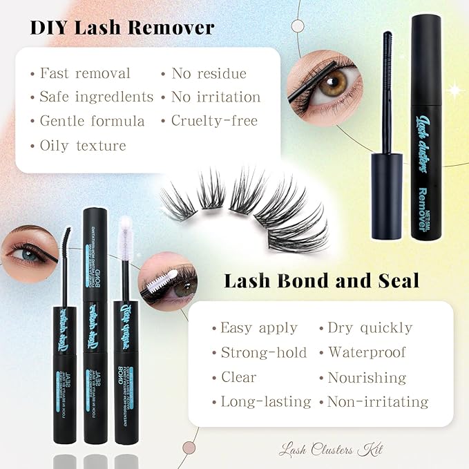 Wispy Lash Clusters Kit, Natural Lash Cluster Eyelash Extensions 320 Pcs C Curl 10-16mm Individual Fluffy False Eyelashes Thin Band DIY Kit for Beginners at Home with Bond Seal Remover Tweezers Brush