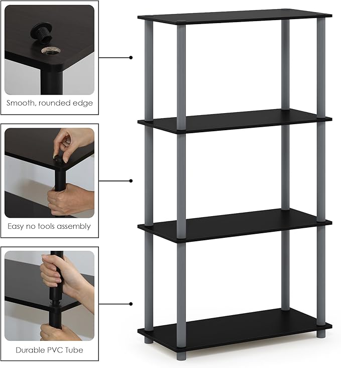 Furinno TURN-N-TUBE Storage Shelves, 4-Tier Toolless Book Shelf, Corner Shelf, Toolless Open Shelves, for Organization and Storage, Living Room, Garage, Home Office, Black