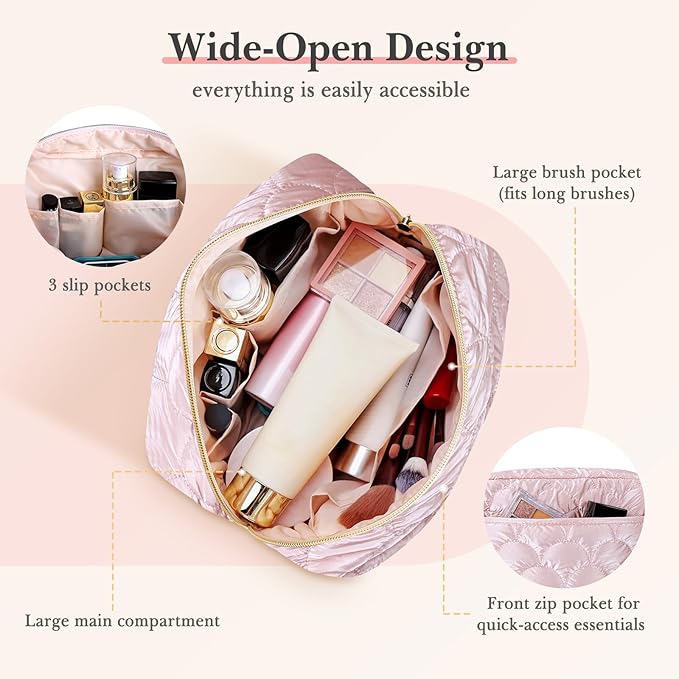 Noozion Makeup Bag Travel Toiletry Bag, Puffy Padded Cosmetic Bag for Women, Makeup Organizer Case, Wide-open Pouch Purse, Travel Essentials