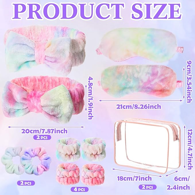 Hoteam 10 Pcs Spa Party Supplies Gift Set Sleepover Party Favor Spa Headband Wristband Sleep Eye Mask Velvet Scrunchies for Skin Care Makeup Slumber Night Favor(Tie Dye Rainbow)