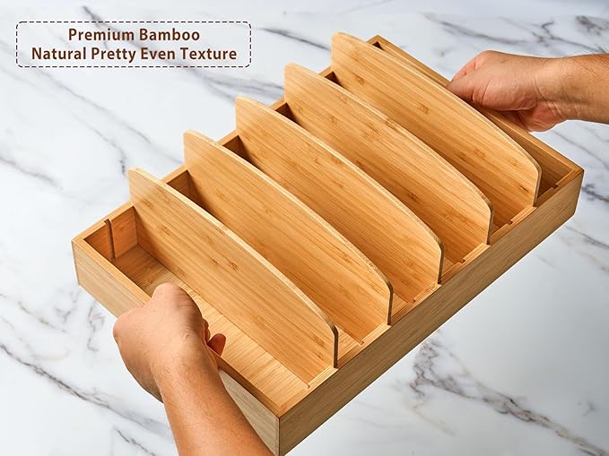 Umilife Extra Large Kitchen Cabinet & Drawer Organizer, Bamboo Lid Holder with 5 Tall Adjustable Dividers, Pantry Organization and Storage for Food Container Lid
