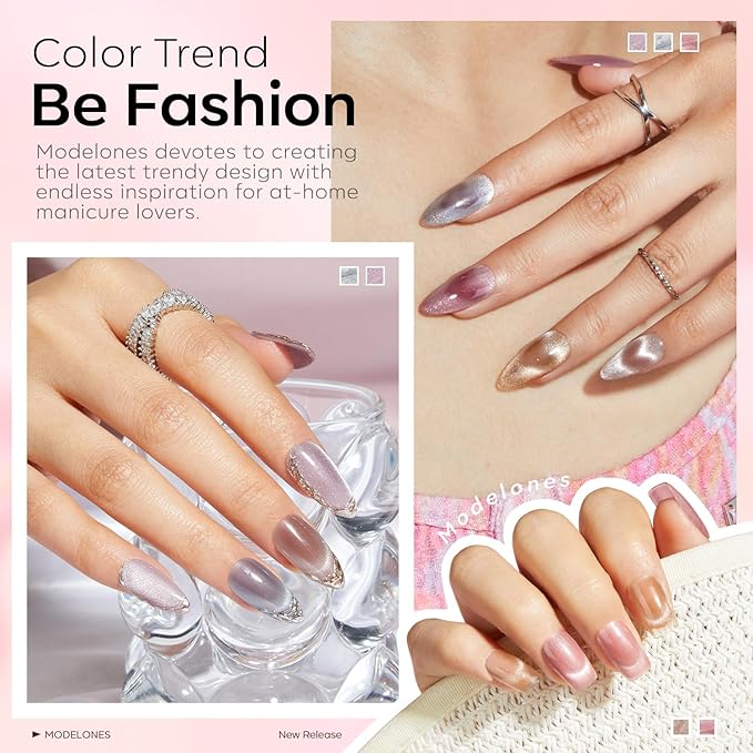 modelones Gel Nail Polish Set, 6 Colors Nude Pink Silver 9D Glassy Cat Eye Glitter Gel Polish Semi-transparent Neutral Brown Nail Polish Soapnails with Magnet Soak Off Led Nail Art DIY Gift