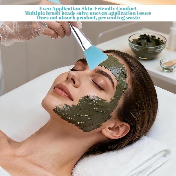 7 Pcs Silicone Brush Applicator Kit, Flexible Soft UV Epoxy Art Crafting, Facial Skincare Tools, includes Facial Mask Spatula, for Cream Makeup Face Mud Clay Mask Moisturizers (Blue)