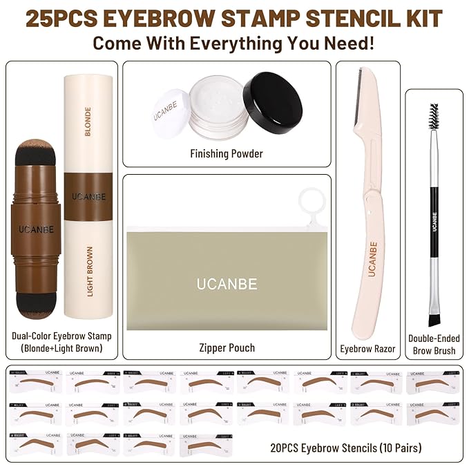 UCANBE 25PCS Eyebrow Stamp Stencil Kit With Dual-Color Eyebrow Stamp Pomade,20 Reusable Eyebrow Stencils,Finising Powder,Brush,Eyebrow Razor,Zipper Pouch,Waterproof Eye Brow Stamping and Shaping Kit01