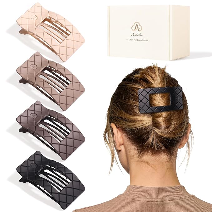 Large Flat Hair Claw Clips for Women Fine Thin Medium Thick Hair, Duckbill Strong Hold Non Slip Square Hair Clips, Cozy French Lay Down Hairclips, Beige, Light Brown, Dark Brown, Black, 4 Pcs