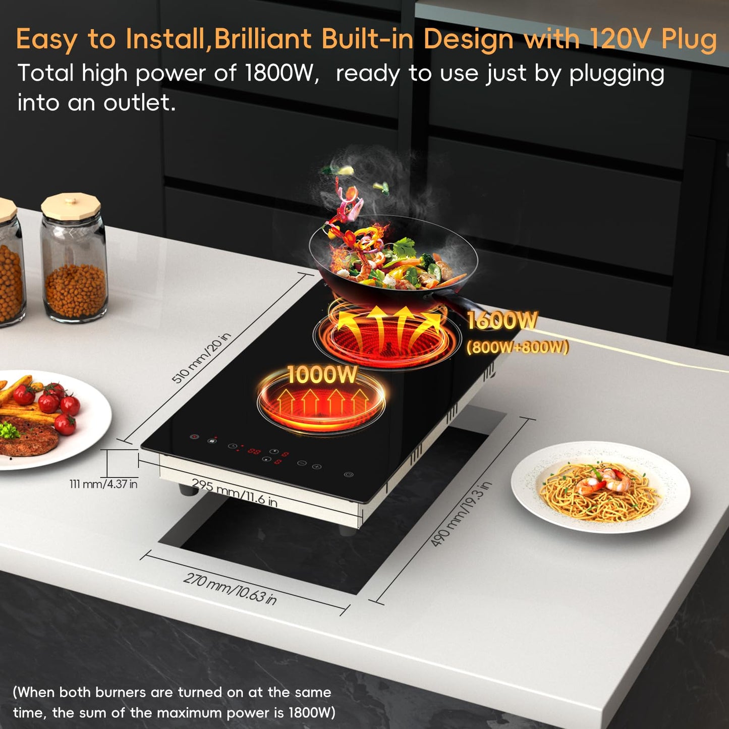 Zarbaco Electric Cooktop 2 Burner, 1800W Radiant Electric Stove Top 120V with Countertop & Built-in Design, 12 inch Touch Control Ceramic Cooktop with Safety Lock, 9 Level Power, Timer - Plug in