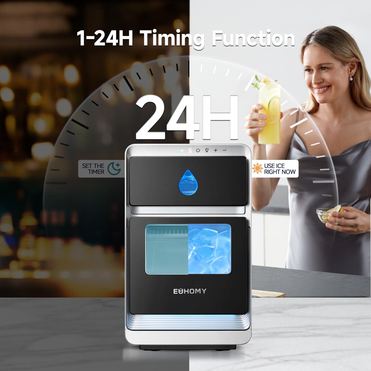 EUHOMY LunaArc Crescent Ice Maker Countertop, 16Pcs Ready in 12Mins, 1600Pcs/Day, Auto Deep Cleaning, Timer, Adjustable Ice Thickness, Portable Ice Cube Maker for Whiskey/Coffee/Soft Drinks