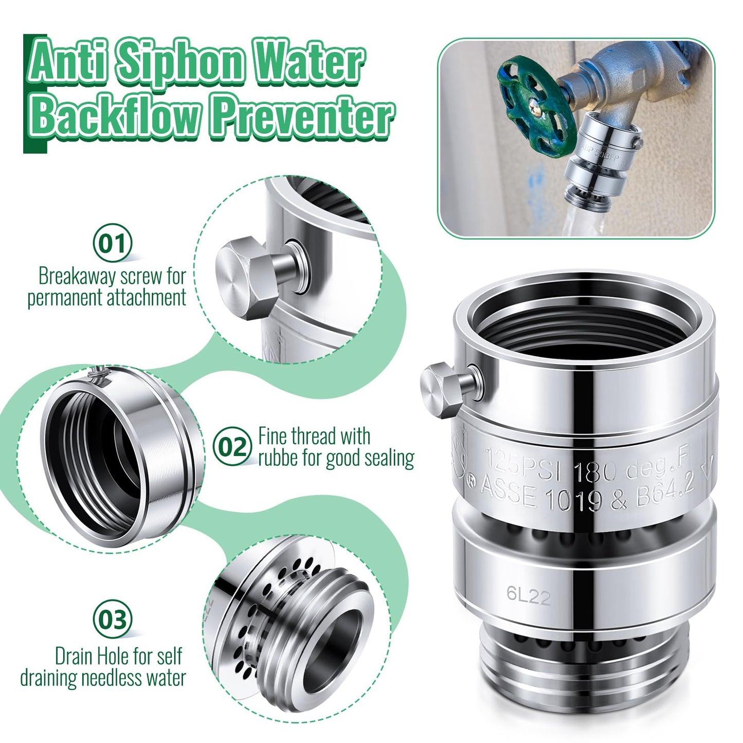 Dreyoo 1 Pack Self Draining Vacuum Breaker, Compatible with PK1390 Thread Vacuum Breaker, 1-1/16 Female to 3/4 GHT Male Hose Backflow Preventer with Sealing Tape and Rubber Gasket
