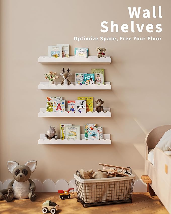 Shario Nursery Book Shelves, 8-Pack White Floating Shelves for Wall Kids, Scalloped Shelves, Wall Book Shelves for Bedroom Kids, Toddler Room, Baby Room, Nursery Decor