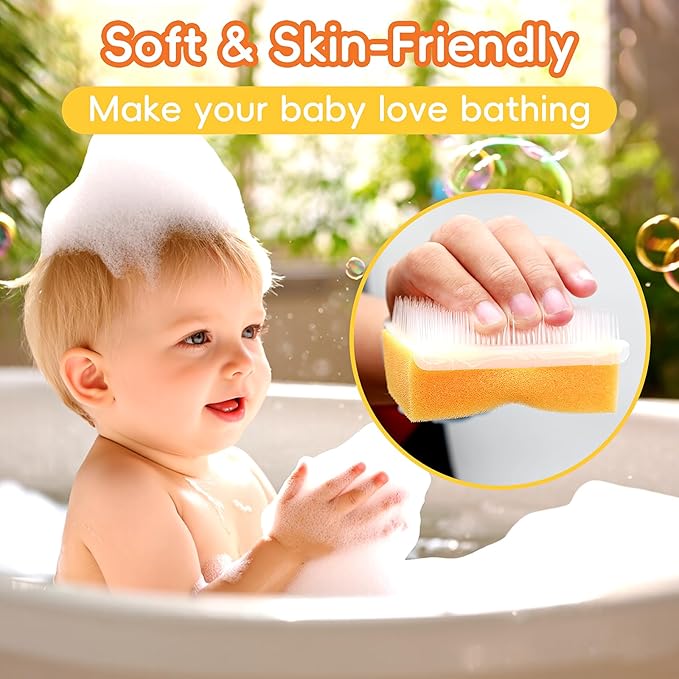 Cradle Cap Brush for Babies, Baby Bath Essentials with Silicone Scrubber Bath Sponge Dual-Sided Comb for Newborns Toddlers Boys Girls (Orange, Set of 5)