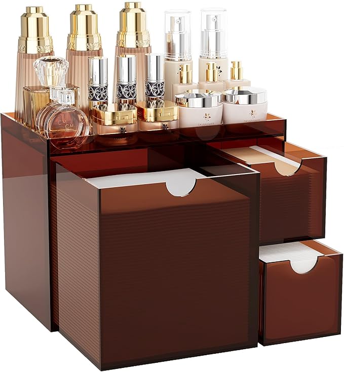 Youdepot Amber Acrylic Face Towel Holder with 3 Drawers, Disposable Face Towel Organizer for XL Facial Towels, Cotton Pads, Swabs, Skincare Tools, Bathroom Vanity Countertop Storage Box.
