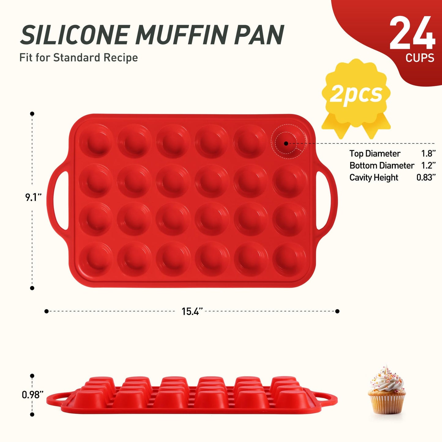 2 Packs 24 Cups Silicone Muffin Pan for Baking with Metal Reinforced Frame Mini Size Cupcake Pan Tray Chocolate Egg Pizza Bites Oven Cookie Mold Muffin Tin Tart Pans Sheet Set Small