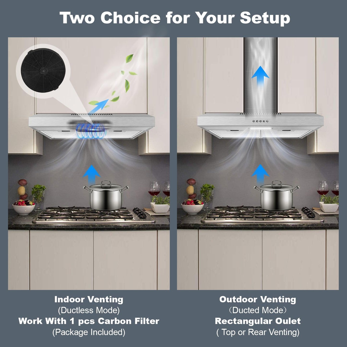 Zomagas Range Hood 30 inch Under Cabinet, Stainless Steel Range Hood 280CFM, Slim Kitchen Stove Hood w/Push Button, Ducted/Ductless Convertible Duct, 3 Speeds Exhaust Fan, LED Light and Carbon Filter
