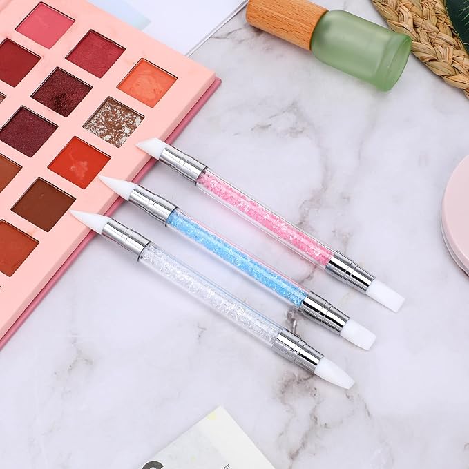 3 Pcs Nail Art Sculpture Pen, Dual Tipped Silicone Nail Tools, Silicone Head Acrylic Handle Nail Art Brushes, Rhinestone Nail Polish Carving Pen, Nail Art Tools for Home Salon(White, Pink, Blue)