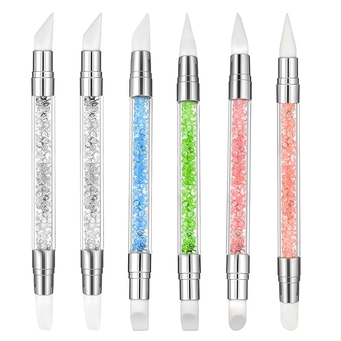 6 Pcs Nail Art Sculpture Pen, Dual Tipped Silicone Nail Tools, Silicone Head Acrylic Handle Nail Art Brushes, Rhinestone Nail Polish Carving Pen, Nail Art Tools for Home Salon(5 Colors)