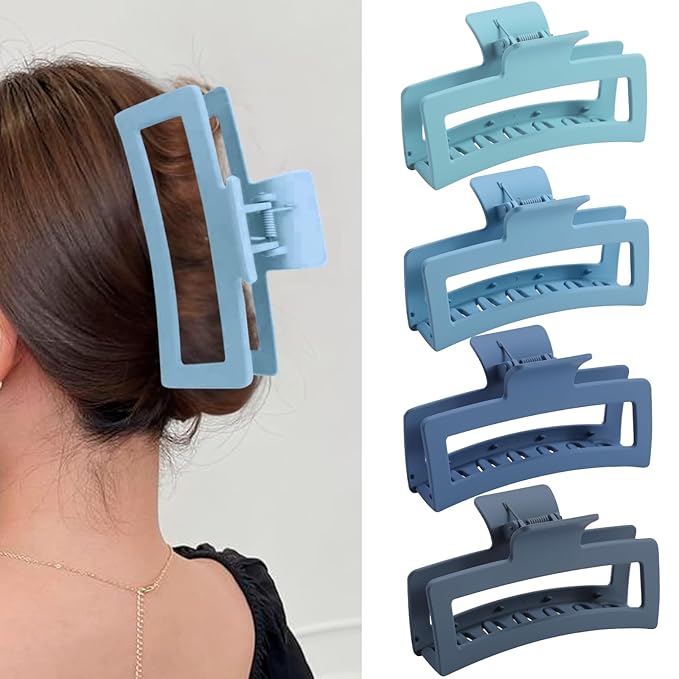 5 Inche Gradient Blue Extra Large Claw Clips for Thick and Long Hair, 4 Pack Xl Jumbo Oversized Matte Non-slip Rectangle Hair Clips for Women, Big Strong Hold Jaw