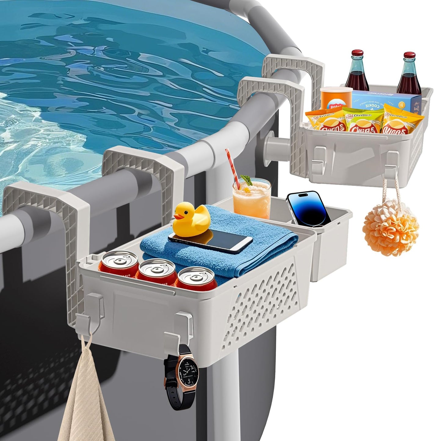 Poolside Storage Basket 2 Pack - Above Ground Pool Accessories, Swimming Pool Storage Baskets with Cup Holders,Fits 3” or Smaller Top Rails,Versatile Organizer for Pool Toys,Towels,Beverages (Beige)