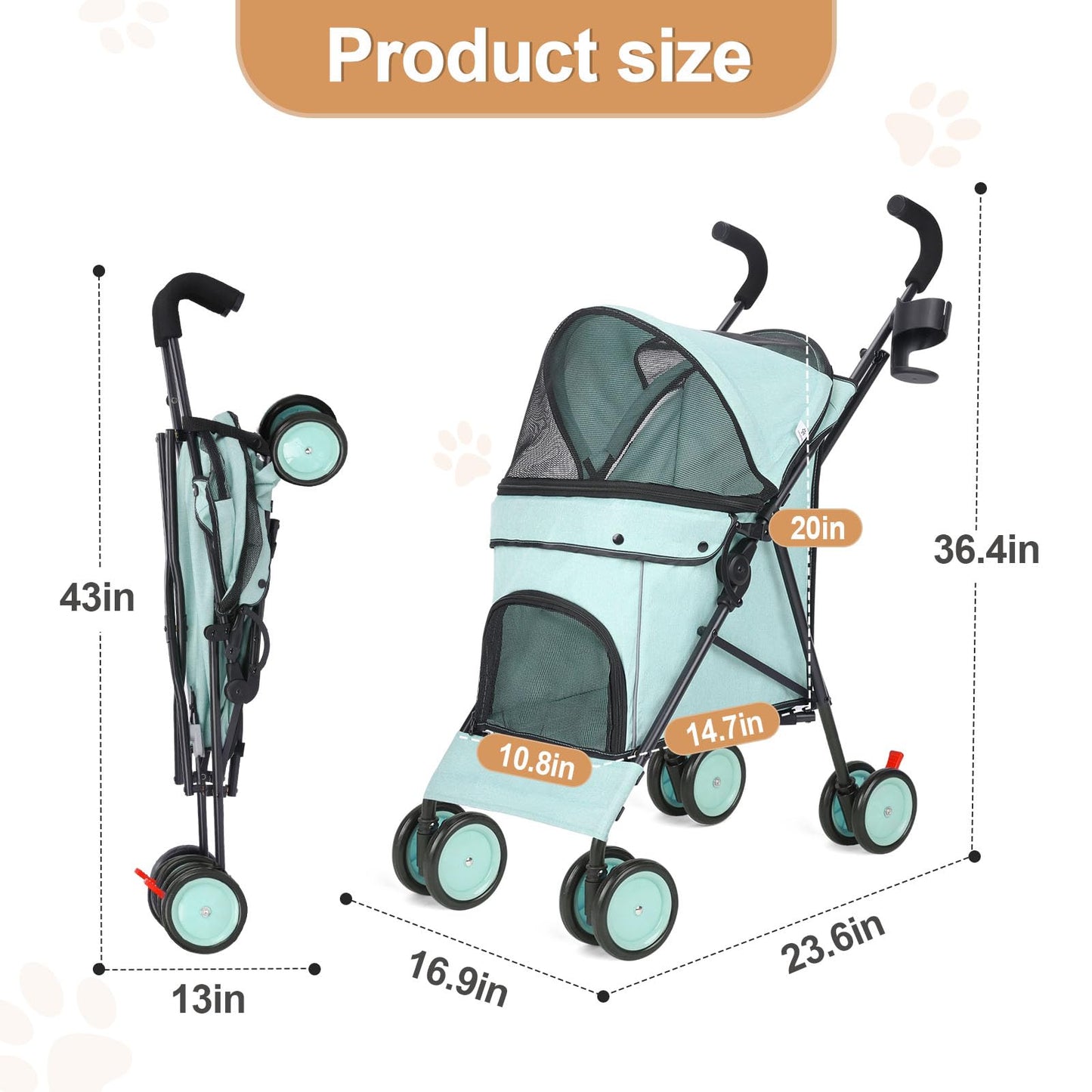 Umbrella Dog Stroller, 4 Wheels Pet Strolling, Foldable Carrier Pet Stroller for Small Dogs Cats, with Carrying Strap and Cup Holder, Dog Poop Bags & Dispenser, Up to 33 lbs, Cyan