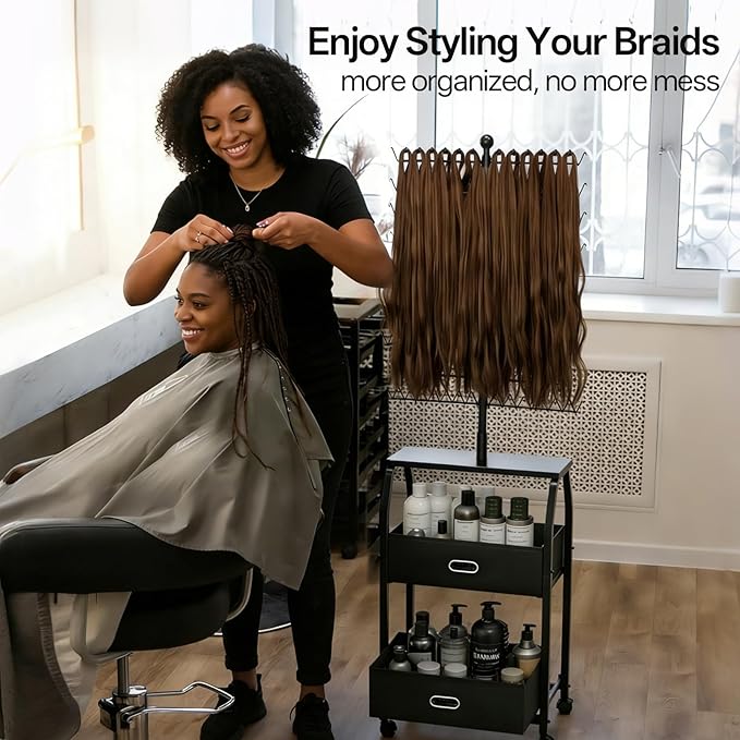 XINTUO Portable Braiding Hair Rack with Wheels & Storage Drawers,280 Pegs Hair Extension Holder Hanger for Braiding Hair Separator Stand Display,Hair Rack with Stylist Hair braiding Tools(Black)