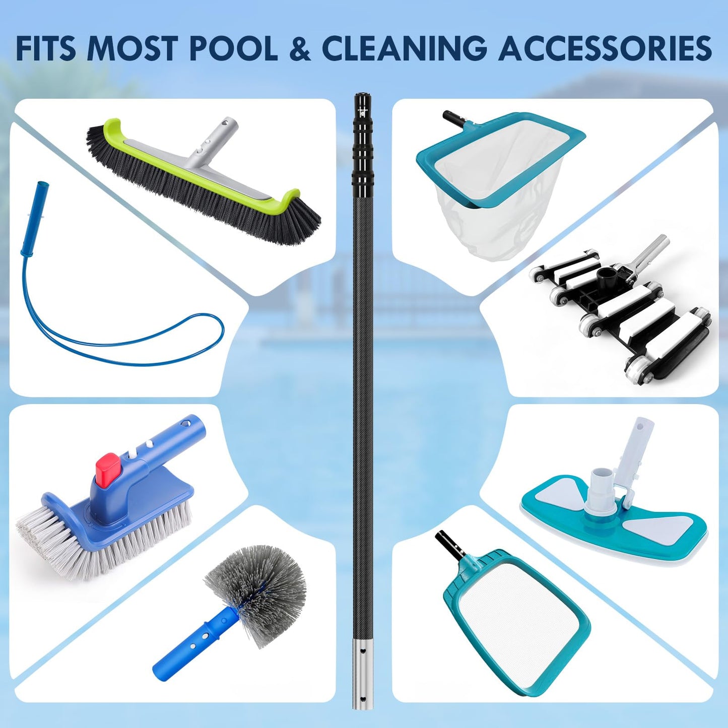 CROHDLE New Carbon Fiber Pool Pole Telescopic, 4.6-15 FT Lightweight Adjustable Extension Poole Pole, Professional Telescoping Swimming Pool Cleaning Poles, for Brushes, Vacuum, Nets, Skimmers