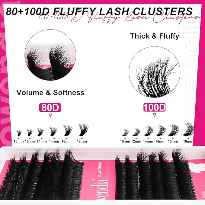 Fowendia Lash Clusters 80D 100D Fluffy Individual Lashes D Curl Cluster Eyelash Extensions 10-18mm Wispy DIY Lash Extension Thick Volume False Eyelashes Clusters for Beginners