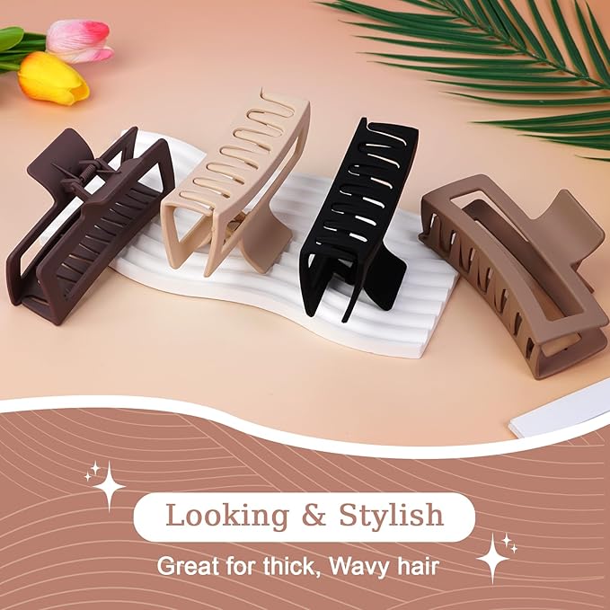 5 Inch XL Jumbo Claw Clips for Thick and Long Hair, 4-Pack Oversized Matte Rectangle Hair Clips for Women, Strong Hold Non-Slip Jaw Clips, Neutral Shades