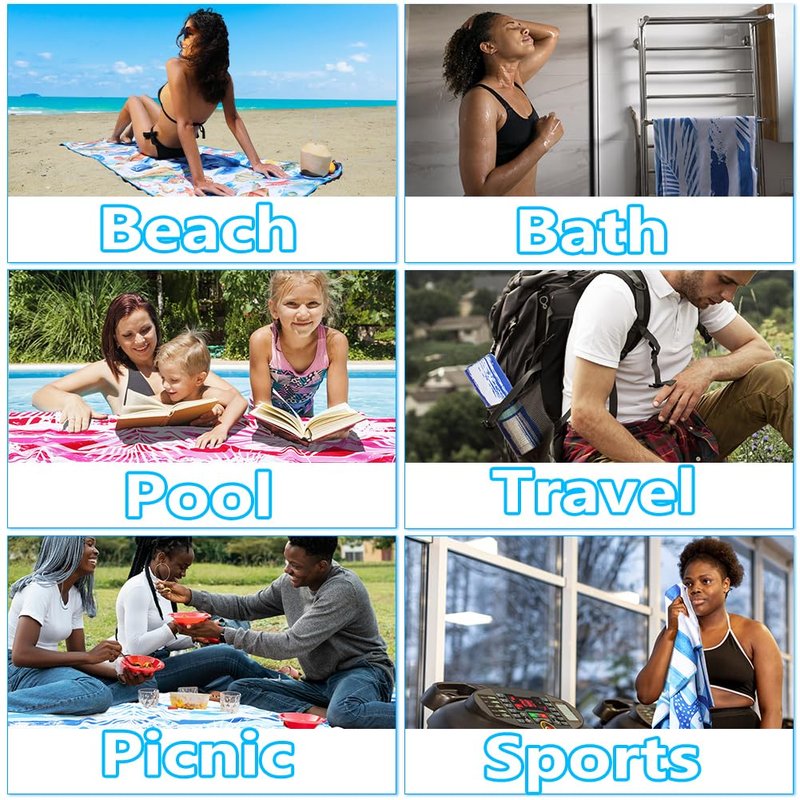 Microfiber Thin Lightweight Beach Towel Sand Free Quick Dry Absorbent Compact Towels for Swimming Pool Camping Beach Accessories Large Easy Pack Travel Things for Vacation Essentials Adult Gift