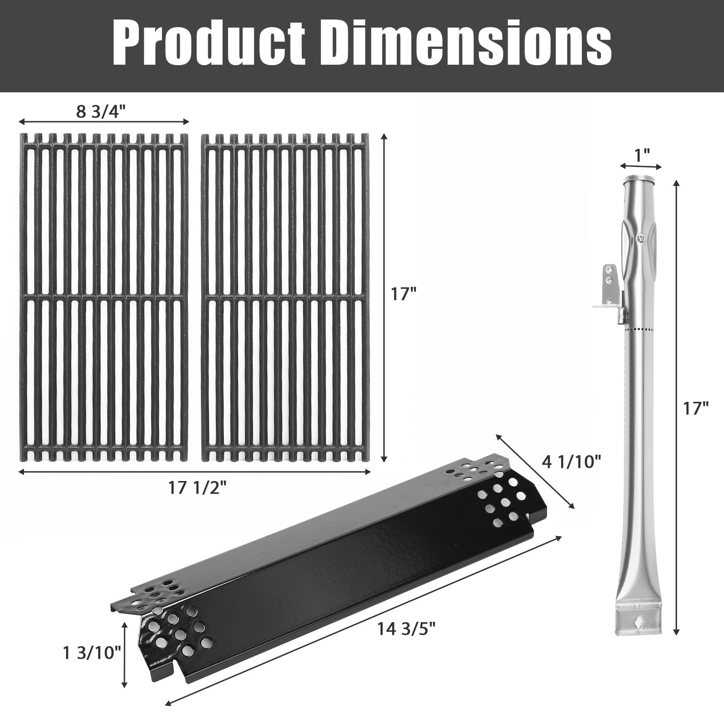 Uniflasy Grill Replacement Parts Kit for Nexgrill 720-0864M, 720-0864 & Evolution 2 Burner Gas Grill – Cast Iron Cooking Grates 17" x 8 3/4", Stainless Steel Burners, Heat Plates & Igniters