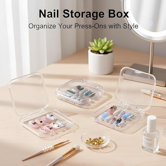 12 Pcs Press on Nail Storage Box with 60 Pcs Double Sided Adhesive Tapes, Nail Packaging Boxes Fake Nail Display Case Crystal Clear Nail Storage Box with Gift Box for Nail Art Business Nail Salon