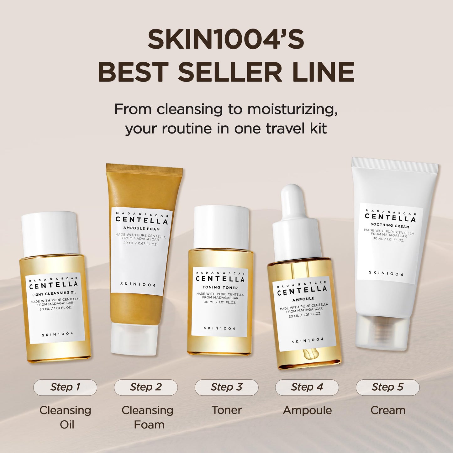 SKIN1004 Centella Travel Kit, Korean Skin Care Set with Toner, Moisturiser, Serum, Cleansing Oil & Cleanser, Travel Size Set with Madagascar Centella, Sensitive Skin, Perfect for Travel Beauty & Gifts