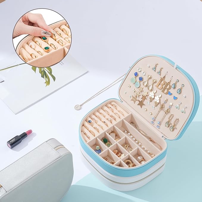 ProCase Travel Size Jewelry Box, Large Portable Seashell-Shaped Jewelry Case, 2 Layer Jewelry Organizer in PU Leather for Women -Blue