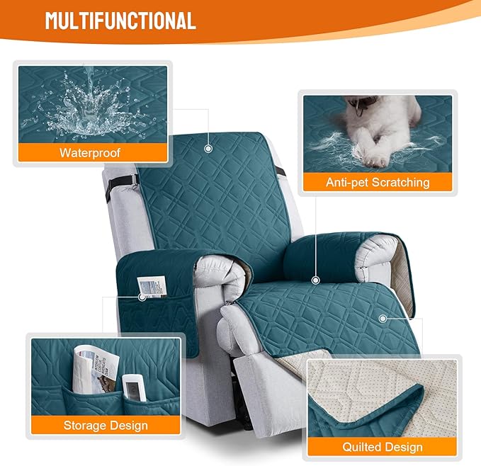 VANSOFY 100% Waterproof Recliner Chair Covers, Recliner Cover Non-Slip Dog Chair Cover Furniture Protector Washable Slipcover with Pocket, Elastic Straps for Pets, Dogs(Peacock Blue, 20")
