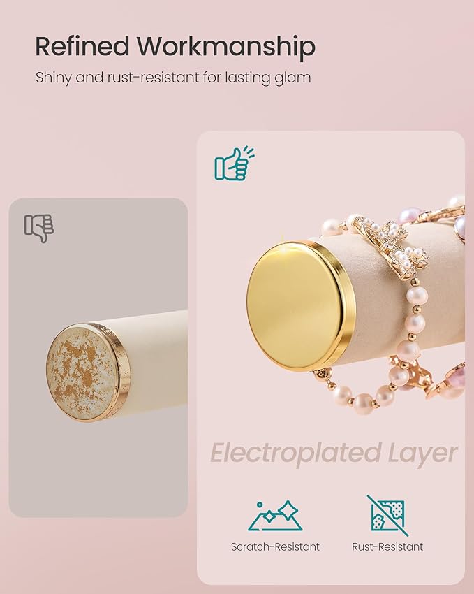 SONGMICS Bracelet Holder Stand, Jewelry Display Stand, Jewelry Organizer, with 3 Tiers and Velvet Tray, Removable Ring Holder, Cloud White and Camel Brown UJJS027A01