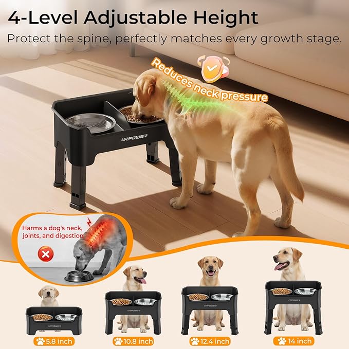 URPOWER Mess Proof Elevated Dog Bowls, High Wall Splash Guard Design, 4 Height Adjustable Raised Bowl Stand, 2 Large Stainless Steel Bowls, Non-Slip Food Water Set for Small Medium Large Dogs