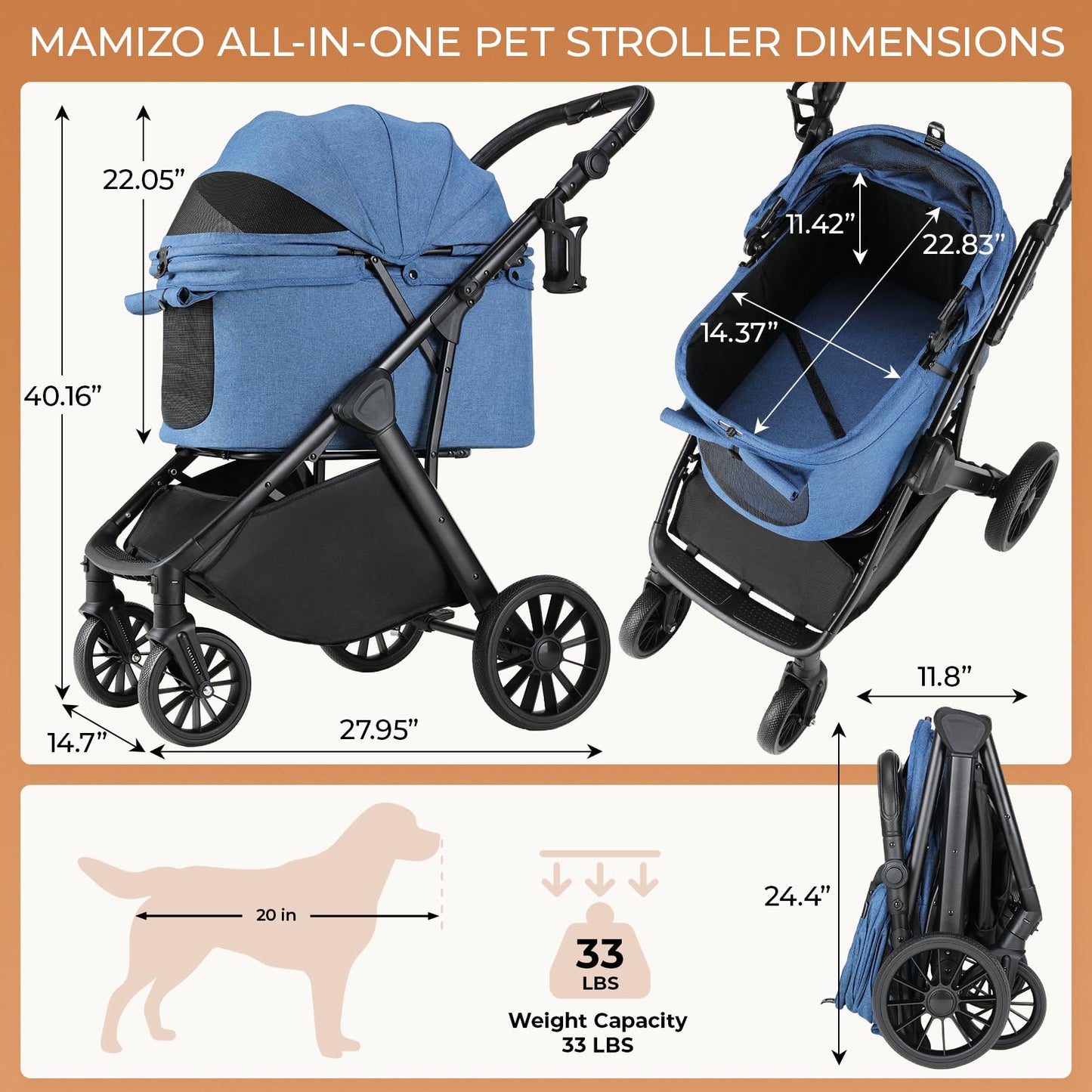 MAMIZO Foldable Dog Stroller for Medium Dogs Cats Up to 33 Lbs, Adjustable Height Handle, Pet Stroller with Aluminum and Carbon Steel Frame, Sun Shades, Storage Basket & Shock Absorbers, All-Terrain