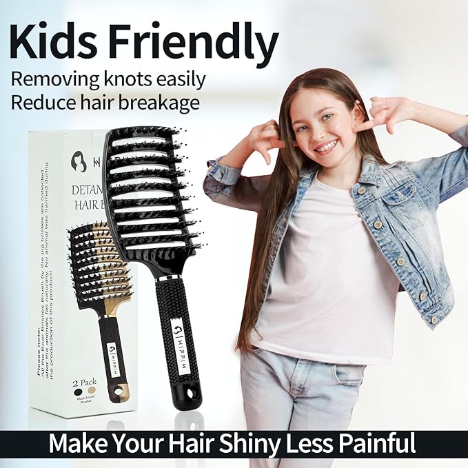 Boar Bristle Hair Brush 2 Pack, HIPPIH Wet & Dry No Pull Curved Vented Hair Brush, Styling Magical Detangler Brush for Kids & Men, Hairbrush for Women Can Adds Shine & Smooth Curly Thick Hair