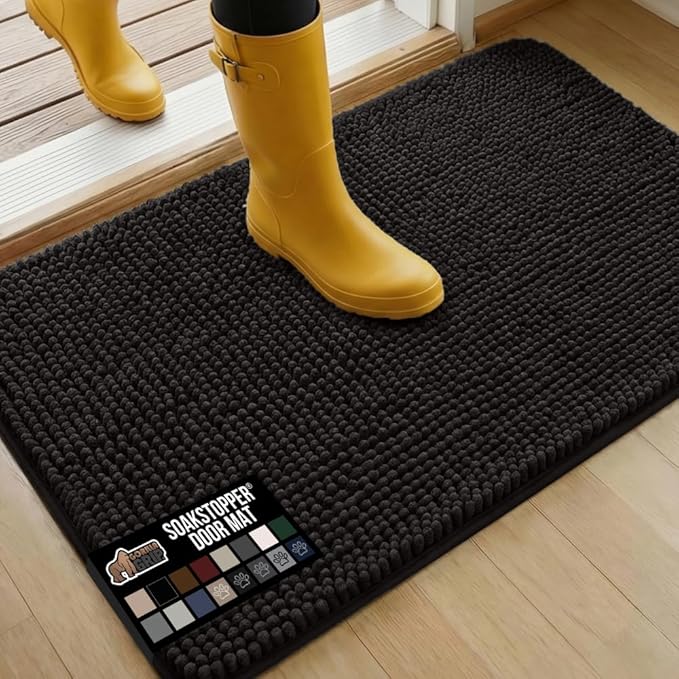 GORILLA GRIP SoakSTOPPER Dog Door Mat, 36x24 Machine Washable Rug Absorbent Doormat Captures Moisture Mud Dirt, Quick Dry Soft Chenille Entryway Rugs Indoor Entrance Mats for Dog Paws, Black