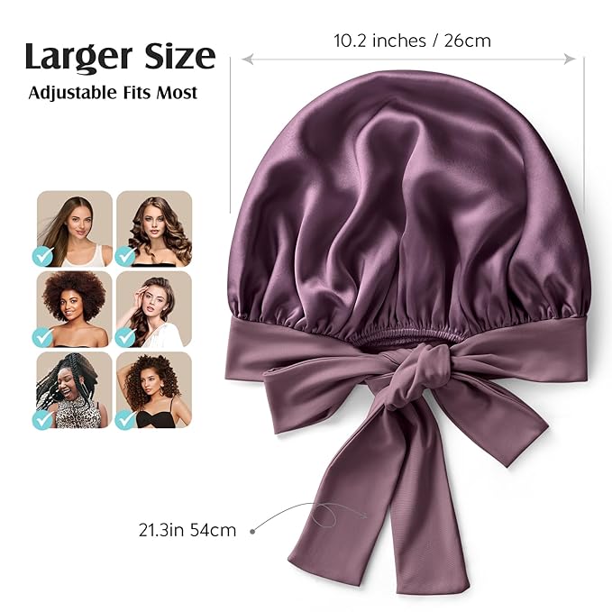 YFONG 100% 22 Momme Mulberry Silk Bonnet for Sleeping Women, Larger Double Layer Silk Hair Wrap for Curly Short Long Hair, Non-Slip Sleep Cap Turban with Elastic Tie Band for Hair Care, Deep purple