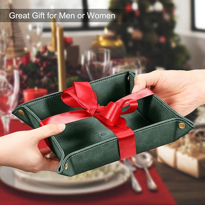 SITHON Valet Tray Desktop Storage Organizer Ã¢ÂÂ Premium PU Leather Catchall Bedside Vanity Tray Nightstand Caddy Holder for Keys, Phone, Wallet, Coin, Valentine's Day Gift, Dark Green