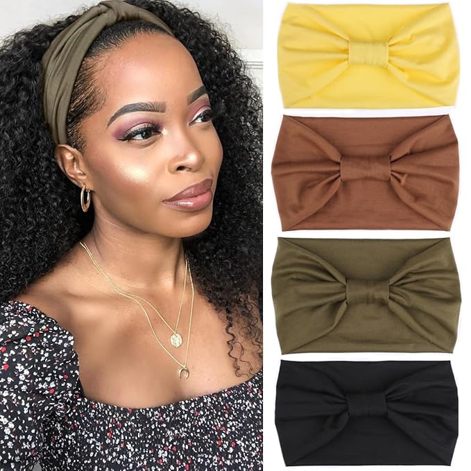 Kachanaa 4 Pack Wide Non-Slip Boho Women's Headband - Elastic Large African Turban Headwrap Ideal for Yoga, Workouts, Running - Non-Slip Design for Black Women